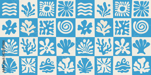 Vector seamless pattern in simple floral wavy and groovy naive style, ocean and vacation theme,  flowers and plants, floral botanic hand drawn design templates, modern art prints, surface design