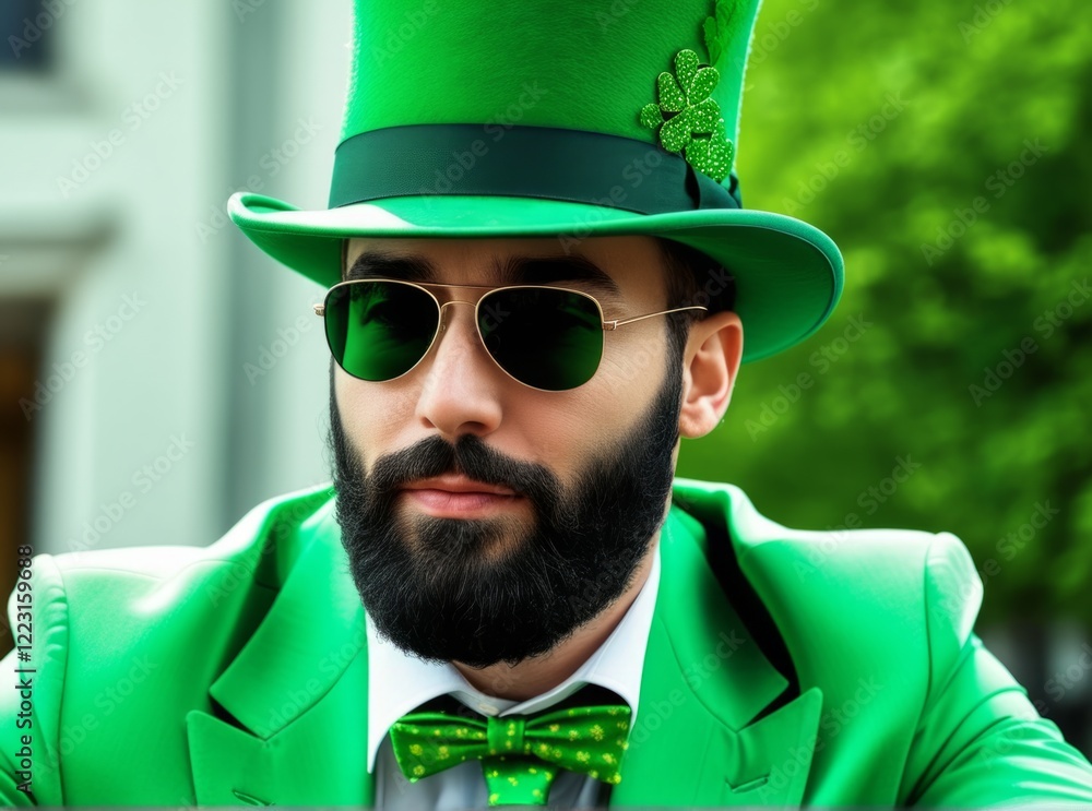 Man in green suit and top hat celebrates holiday outdoors with sunglasses and stylish bowtie Man in green suit and top hat celebrates holiday outdoors with sunglasses and stylish bowtie