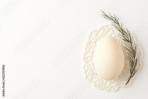 A single white egg placed on an intricate lace doily with a sprig of greenery beside it
