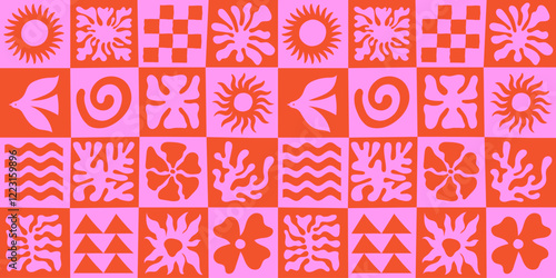 Vector seamless pattern in simple floral wavy and groovy naive style, ocean and vacation theme,  flowers and plants, floral botanic hand drawn design templates, modern art prints, surface design