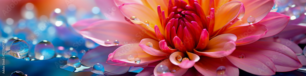 Fototapeta premium Vibrant flower petals in shades of pink and purple with water droplets, creating a lively, colorful display in a serene setting