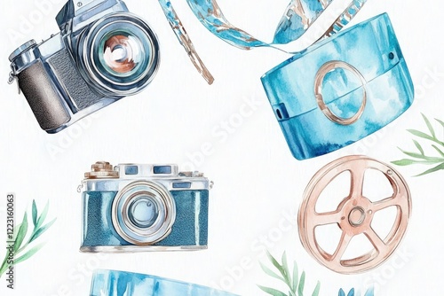 A collection of vintage cameras and film reels surrounded by green leaves on a textured background