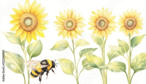 Vibrant sunflowers with a bumblebee in a garden setting, showcasing nature's beauty and pollination