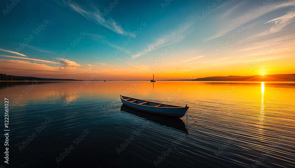 Peaceful lake with a small boat at sunrise Peaceful lake with a small boat at sunrise