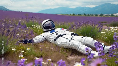 Astronaut in white spacesuit lying in lavender field with wildflowers, mountains in background under cloudy sky.