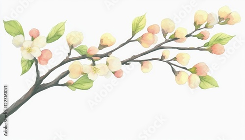 Delicate watercolor illustration of blossoming branch with soft pink and white flowers