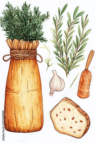 A collection of fresh herbs, garlic, and bread, beautifully arranged on a white background