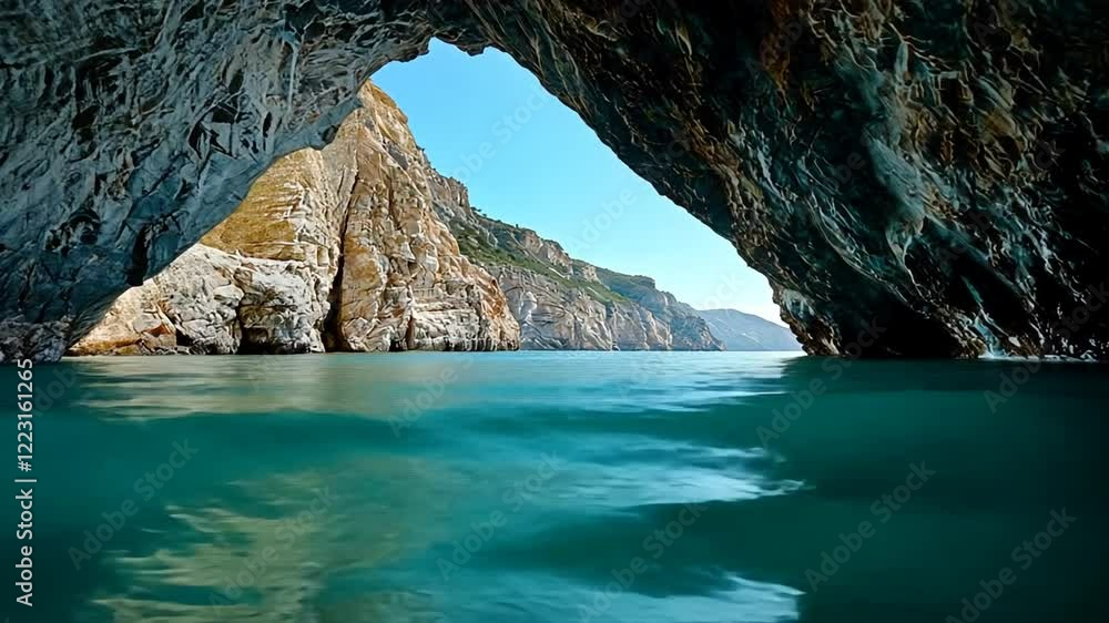 A scenic view from inside a rocky arch overlooking tranquil waters and distant cliffs. A scenic view from inside a rocky arch overlooking tranquil waters and distant cliffs.