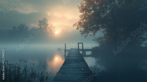 Tranquil misty lake at sunrise with wooden dock and autumn trees
