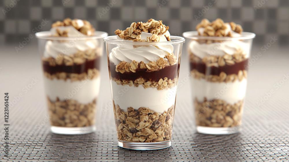 Delicious layered dessert with yogurt, granola, and chocolate served in clear cups Delicious layered dessert with yogurt, granola, and chocolate served in clear cups