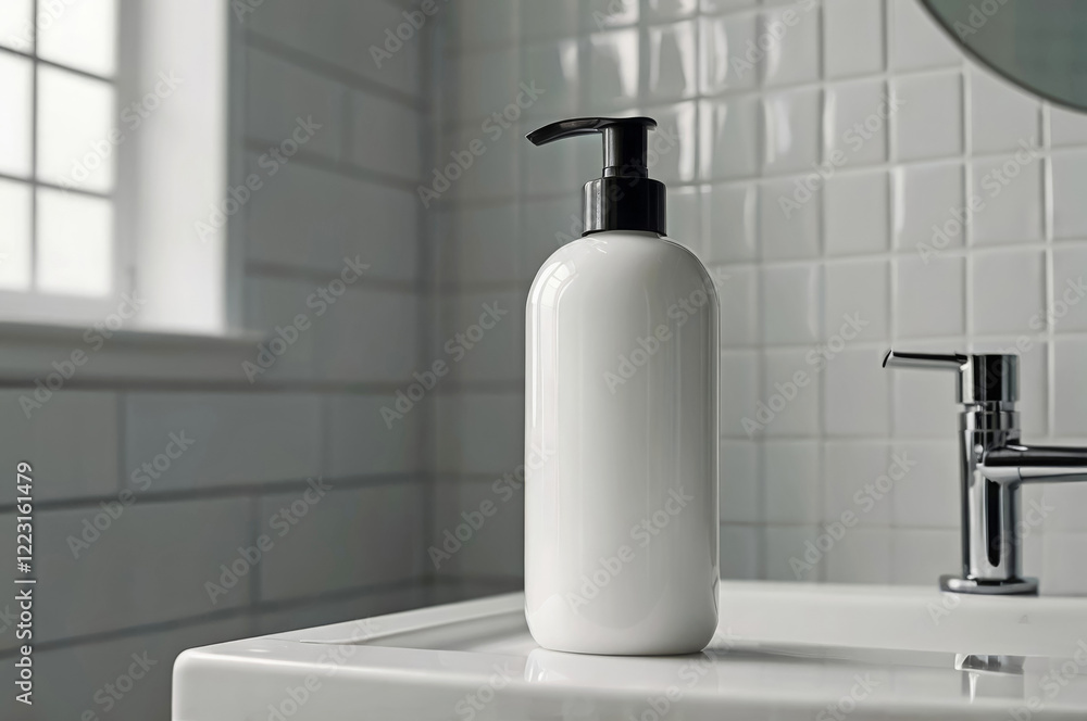 Mockup, white bottle for shampoo or conditioner standing near a modern sink in a bright bathroom with white towels. Mockup, white bottle for shampoo or conditioner standing near a modern sink in a bright bathroom with white towels.