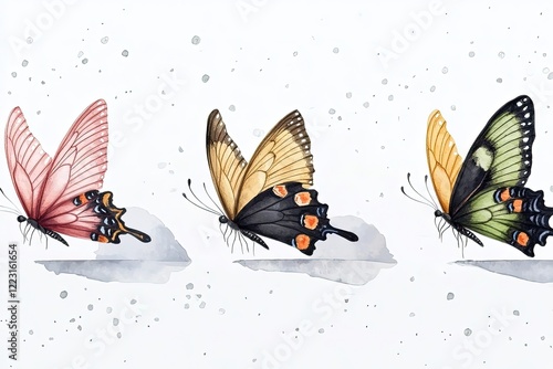 Three beautifully illustrated butterflies in various colors and patterns on a soft background
