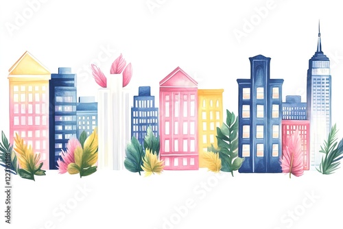 Colorful watercolor cityscape with vibrant buildings and foliage, illustrating urban life