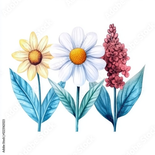 Vibrant watercolor illustration of three flowers with lush green leaves against a white backdrop