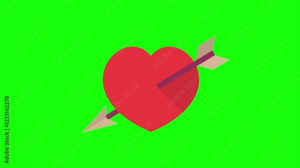 Red love heart arrow pop-up icon animation on green screen background for romantic effects