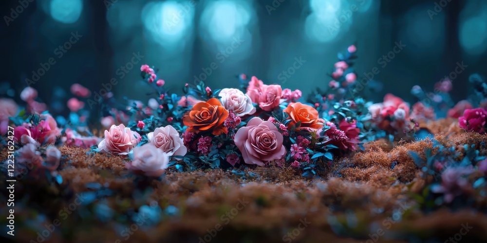 Fototapeta premium Valentine theme concept. A vibrant arrangement of colorful flowers set against a dreamy, moody forest backdrop, emphasizing nature's beauty and tranquility.