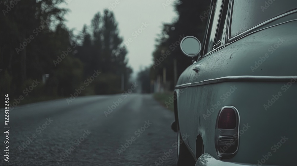 Fototapeta premium Vintage car parked on a quiet road, surrounded by trees.
