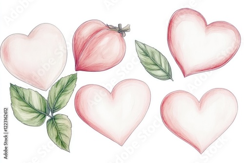 Hand-drawn illustrations of hearts and leaves, showcasing a romantic theme with soft colors