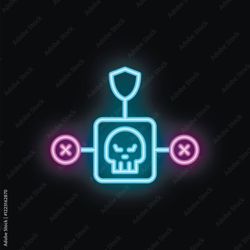 Neon cyber security system is blocking a cyber attack with skull icon Neon cyber security system is blocking a cyber attack with skull icon