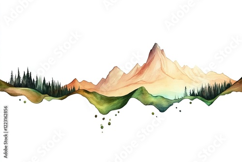 Serene watercolor landscape featuring majestic mountains and lush greenery under a soft sky