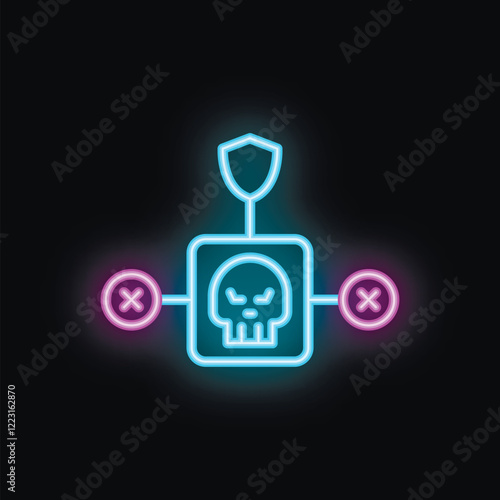 Neon cyber security system is blocking a cyber attack with skull icon