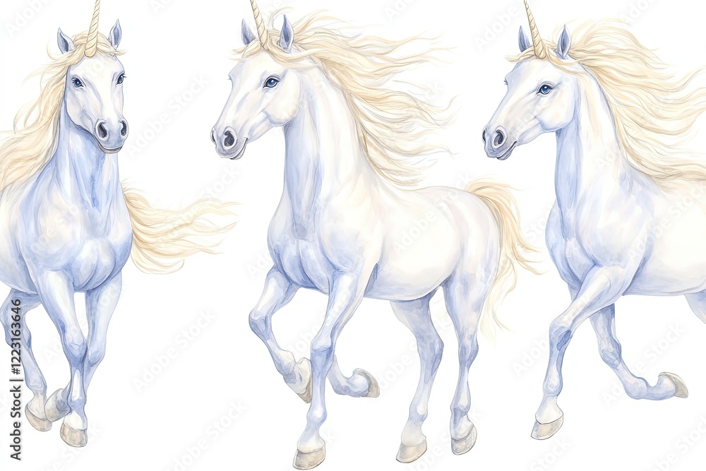 Three majestic unicorns gracefully trotting across a bright, white background, embodying fantasy Three majestic unicorns gracefully trotting across a bright, white background, embodying fantasy
