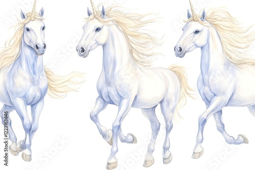 Three majestic unicorns gracefully trotting across a bright, white background, embodying fantasy