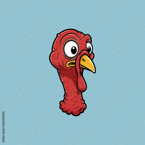 A whimsical cartoon turkey head pops out, its wide eyes and bright red neck creating a fun, quirky image. The simple style adds to its charm. photo