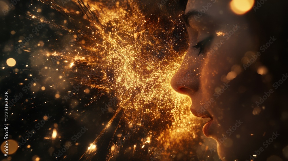 Female profile with cosmic particle explosion in dramatic light Female profile with cosmic particle explosion in dramatic light