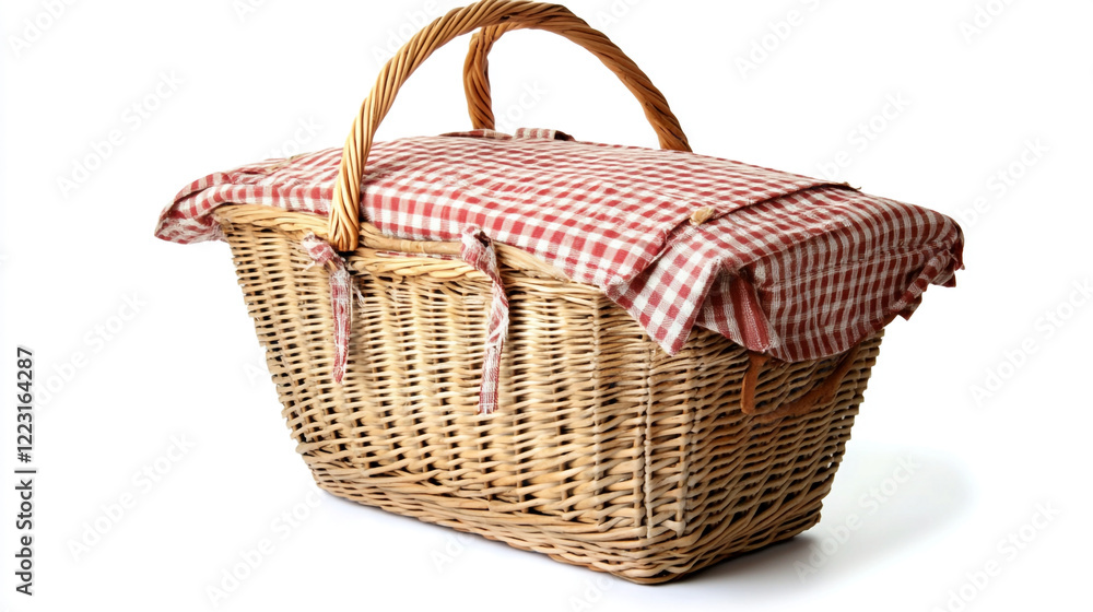 Picnic basket with checked cloth ready for outdoor dining experience at a sunny park Picnic basket with checked cloth ready for outdoor dining experience at a sunny park