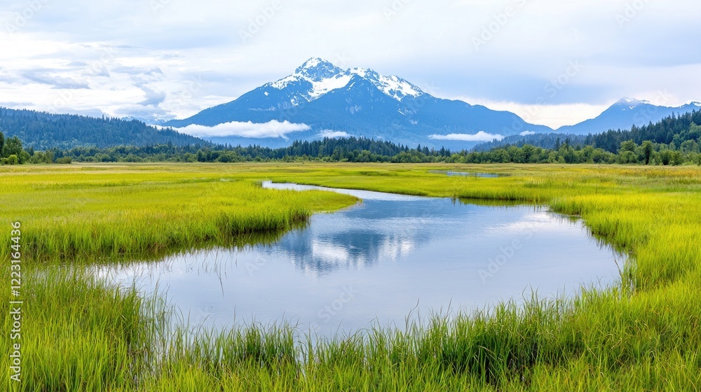 Serene mountain valley wetland reflecting clouds, ideal for travel brochures Serene mountain valley wetland reflecting clouds, ideal for travel brochures