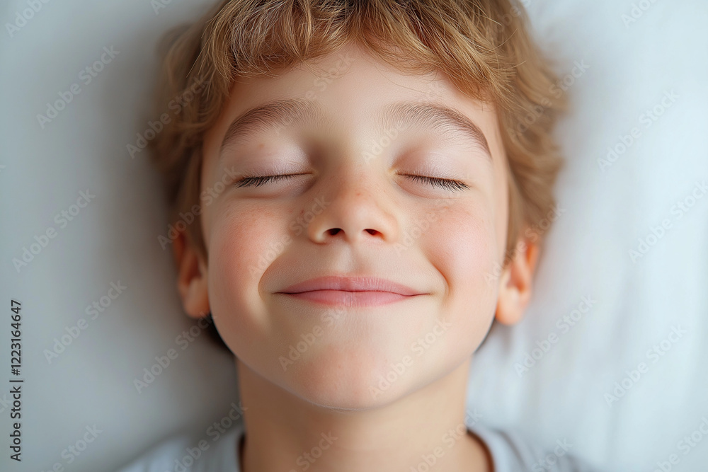 Happy boy with closed eyes smiling while lying on a bed with soft white sheets Happy boy with closed eyes smiling while lying on a bed with soft white sheets
