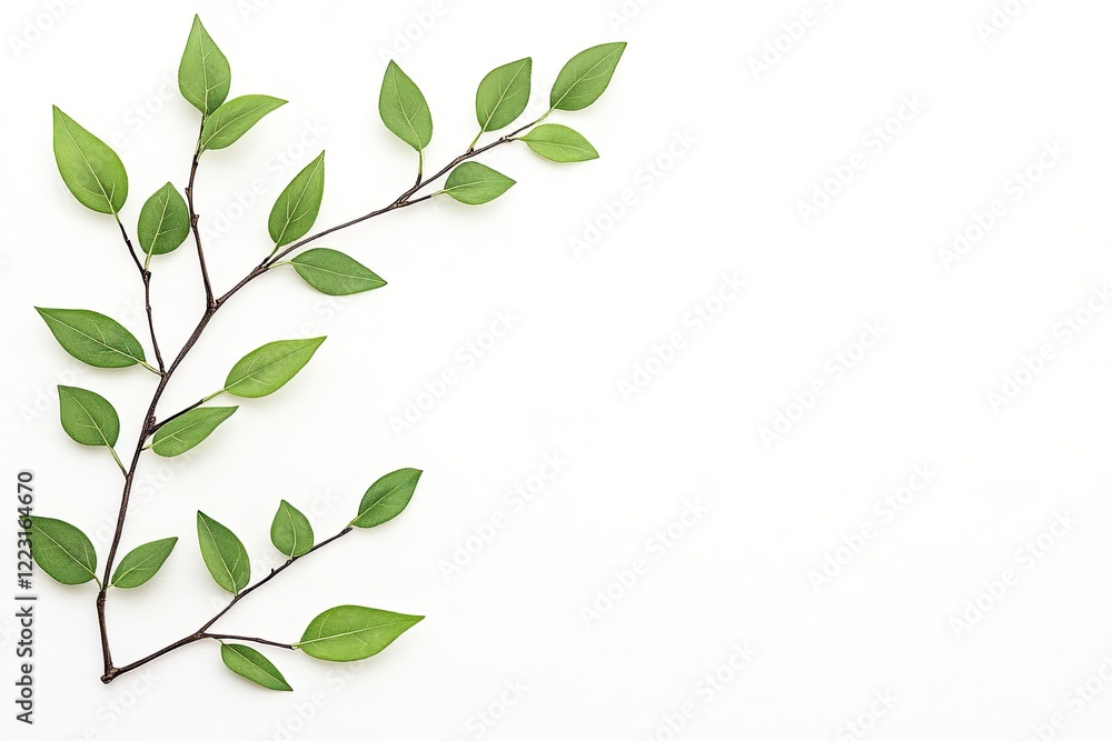 Fototapeta premium Green leaves arranged artistically on a white background, showcasing nature's beauty and simplicity