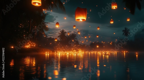 Serene night scene with floating lanterns illuminating a tranquil waterway.