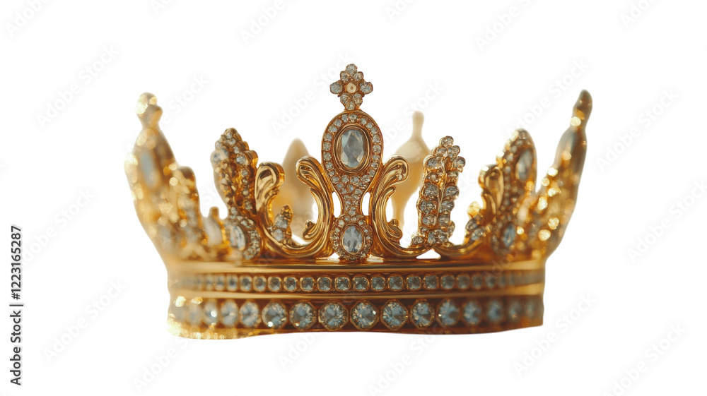 Fototapeta premium A magnificent golden crown adorned with sparkling jewels sparkling under soft light