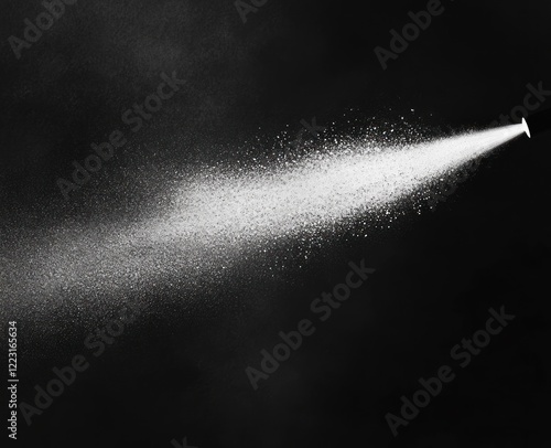 Fine spray mist from nozzle on black background.