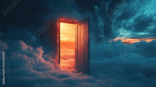 A surreal scene featuring an open door amidst clouds, illuminated by a vibrant sunset.