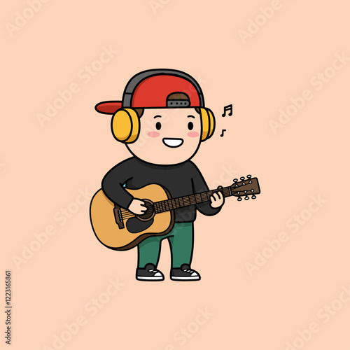 A cheerful cartoon boy joyfully strums his acoustic guitar, wearing headphones.  The bright colors and simple lines create a happy and upbeat mood.