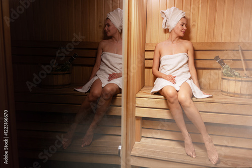Bild auf Leinwand Young woman relaxing and sweating in hot sauna wrapped in towel