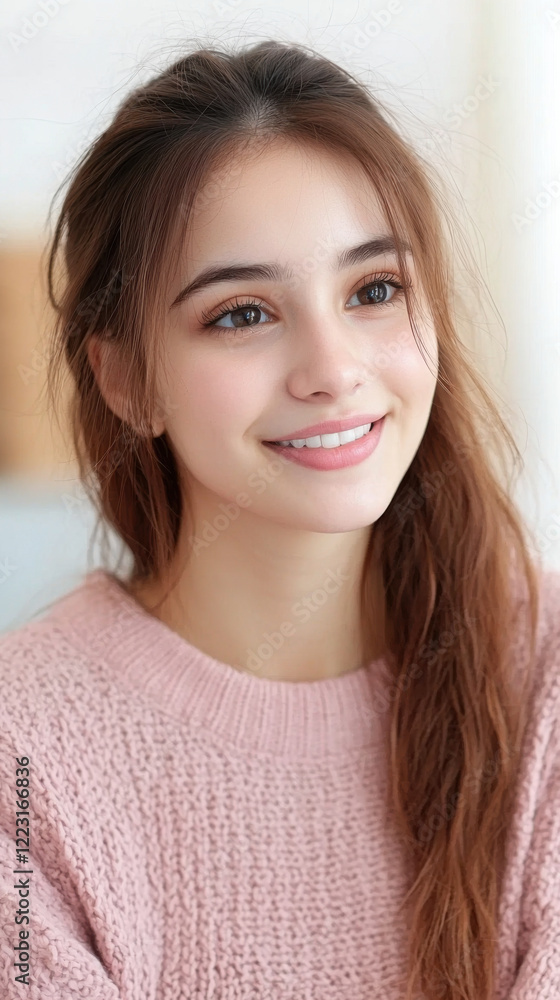 young woman with long hair smiling warmly, wearing cozy pink sweater young woman with long hair smiling warmly, wearing cozy pink sweater