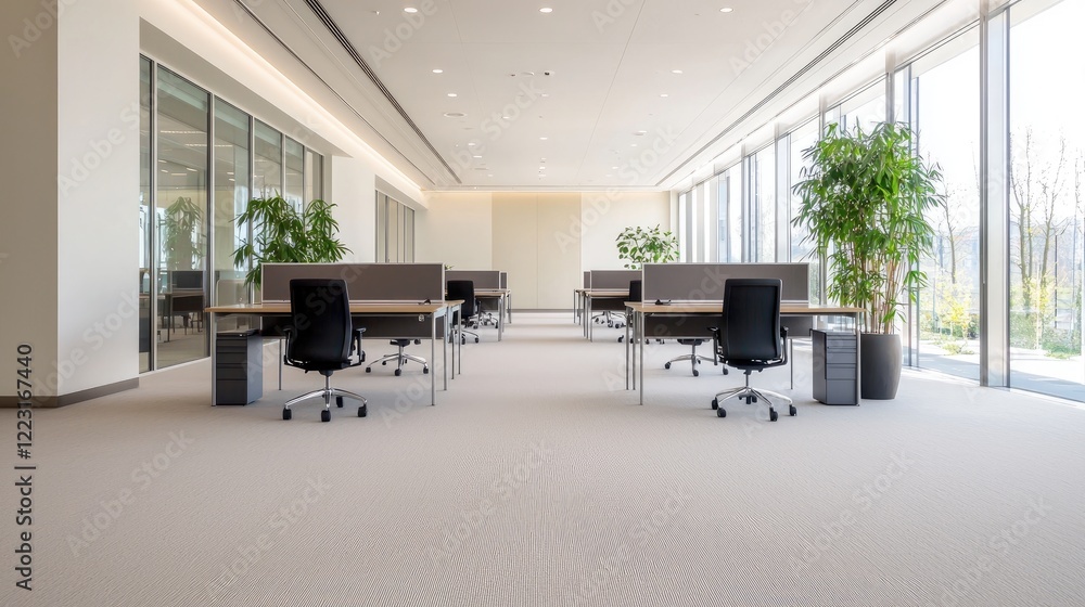 Empty modern office hallway, sunlight, plants, desks, chairs, workspace Empty modern office hallway, sunlight, plants, desks, chairs, workspace