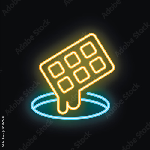 Neon sign of waffle dipping into syrup on a black background, glowing bright yellow and blue