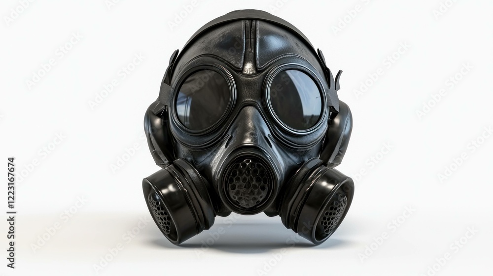 Black gas mask on a white background, symbolizing protection and safety, ideal for concepts related to pollution, health, and environmental concerns Black gas mask on a white background, symbolizing protection and safety, ideal for concepts related to pollution, health, and environmental concerns