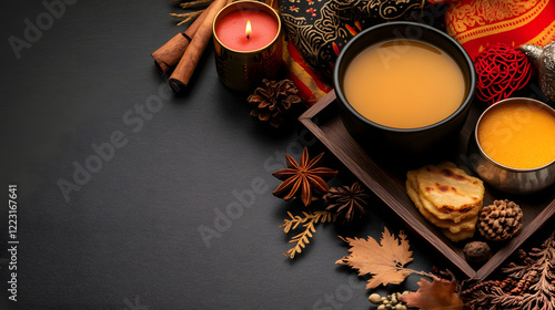 Eid Al-Fitr Festive Soup and Bread Display with Red Table Accents, UHD 4K Image photo