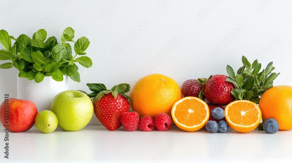 Colorful fresh fruit arrangement on white background; healthy eating concept, website, blog Colorful fresh fruit arrangement on white background; healthy eating concept, website, blog