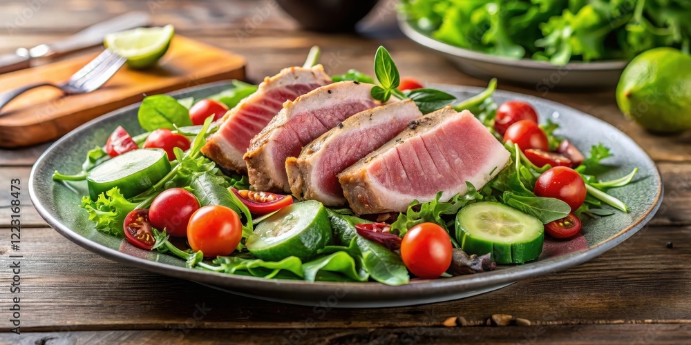 Fresh tuna fillet on a bed of mixed greens salad with cherry tomatoes and cucumber slices, vegetable salad Fresh tuna fillet on a bed of mixed greens salad with cherry tomatoes and cucumber slices, vegetable salad