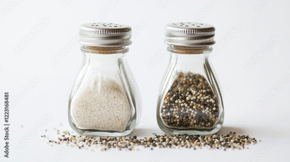 Salt and pepper shakers on a clean surface with grains scattered around them Salt and pepper shakers on a clean surface with grains scattered around them