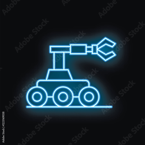 Blue neon sign depicting a military robot with mechanical arm moving on wheels on a black background