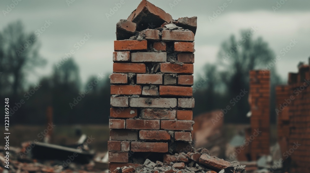 Naklejka premium Damaged brick pillar amidst rubble, outdoors.