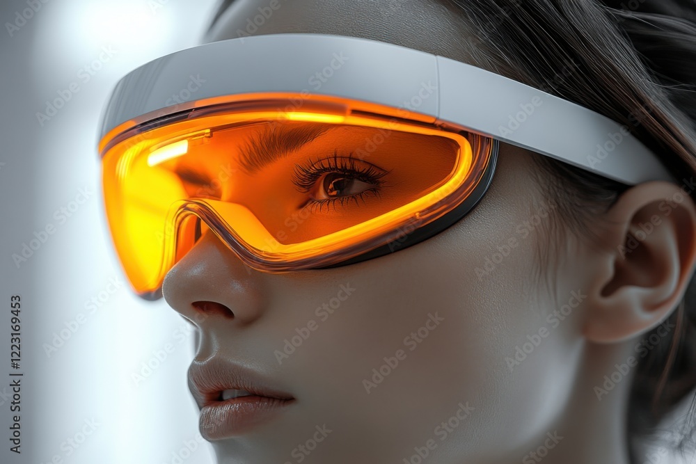 A woman in virtual reality glasses of the future. Elegant design in white and silver tones, smooth curves and complex mechanical parts. A woman in virtual reality glasses of the future. Elegant design in white and silver tones, smooth curves and complex mechanical parts.